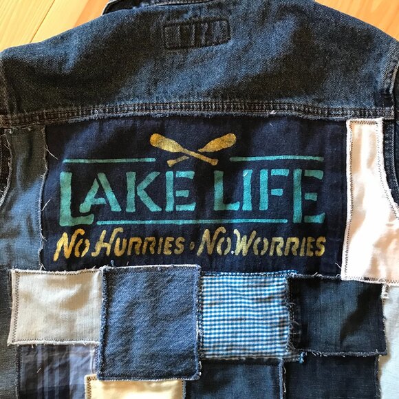 Upcycled Denim Patch Jacket: Lake Life Theme Patchwork Jean Coat, Women’s Large - Picture 11 of 12